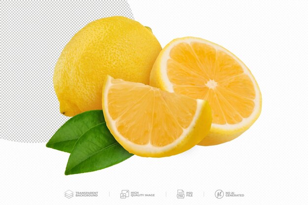 Fruto de limón y medio con hojas en fondo transparente png