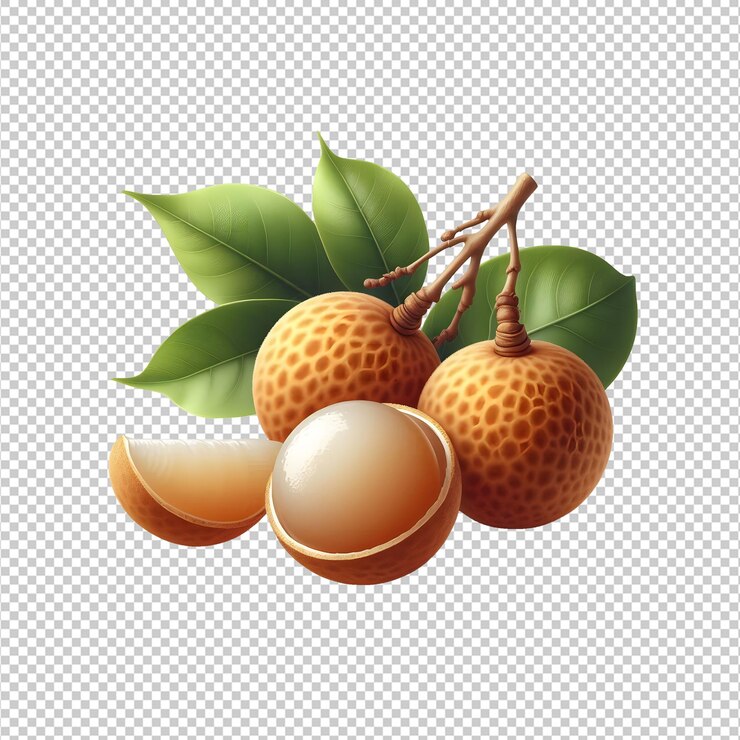 PSD fruto de longan con hojas aisladas sobre un fondo transparente