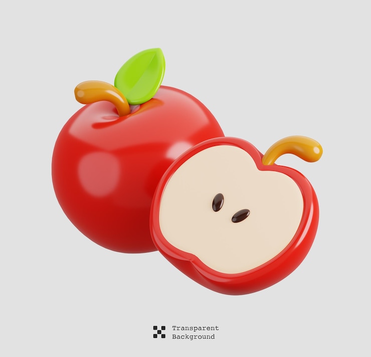 PSD frutta di mela rossa fresca tagliata a metà isolata icona di frutta di cartone animato illustrazione di rendering 3d