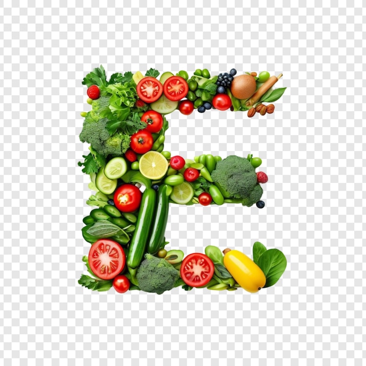 PSD frutta e verdura vivaci lettera e alfabeto per un'alimentazione sana