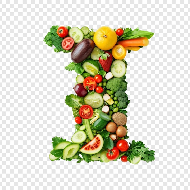 PSD frutta e verdura vivaci lettera i alfabeto di alimentazione sana