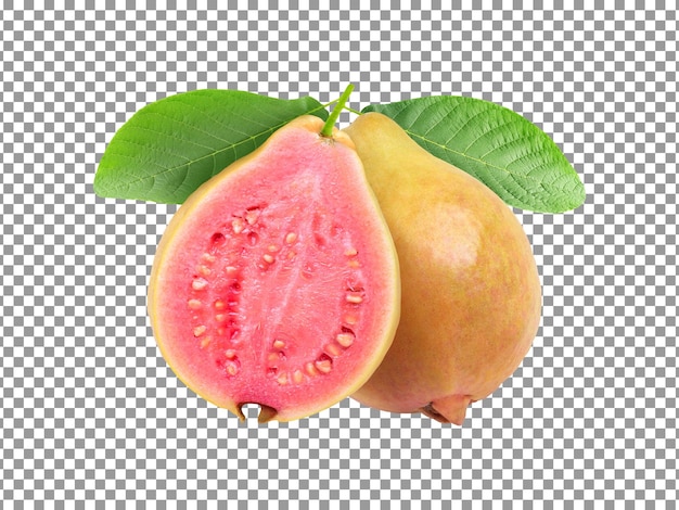 Frutta guava fresca con mezzo taglio e foglia su sfondo trasparente