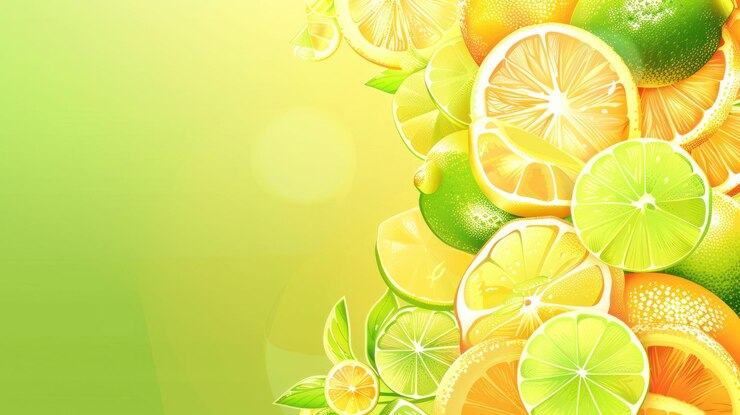 PSD frutti di agrumi freschi sullo sfondo con lime, limone, arancia e fette di pompelmo foglie verdi e sole su un gradiente giallo-verde
