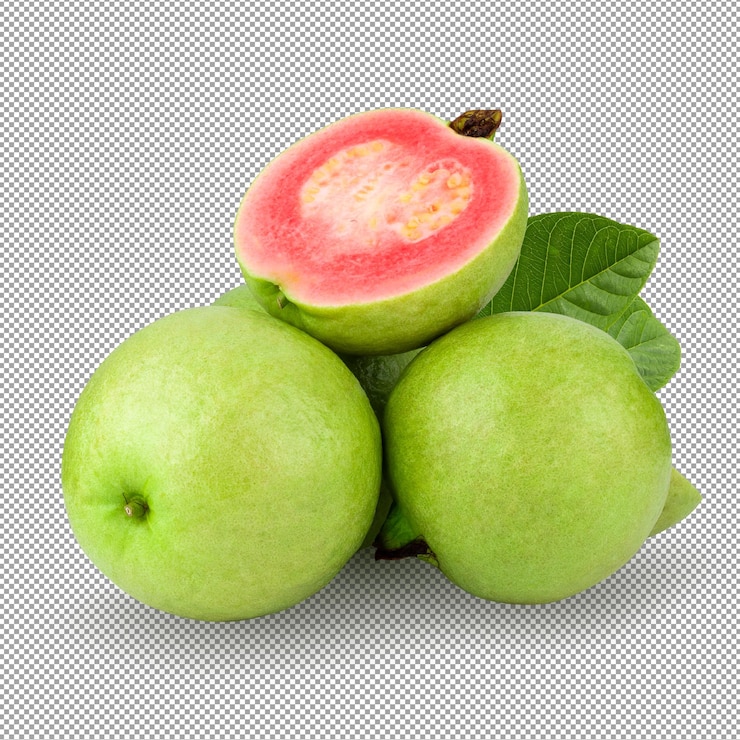 PSD frutto di guava con polpa rosa succosa e un forte profumo dolce con foglia su fondo alfa
