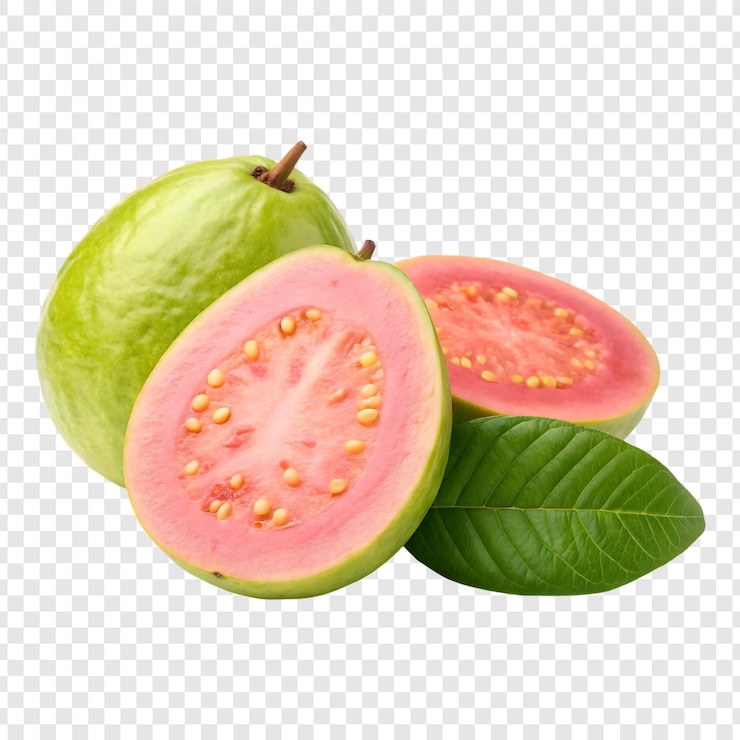 PSD frutto di guava rosa appena tagliato con foglie verdi