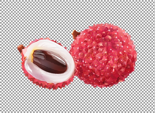Frutto di litchi rosso con fetta tagliata a metà su sfondo trasparente