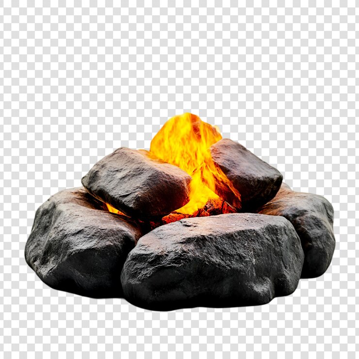 PSD fuego de campamento ardiendo brillantemente entre las rocas oscuras por la noche