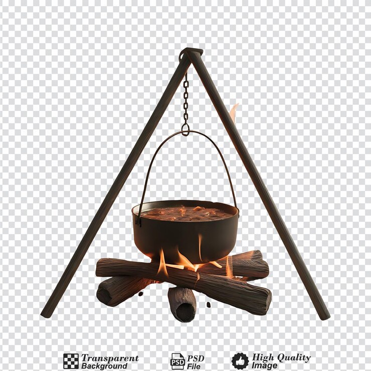 PSD fuego de campamento con trípode y olla de cocción aislados sobre un fondo transparente