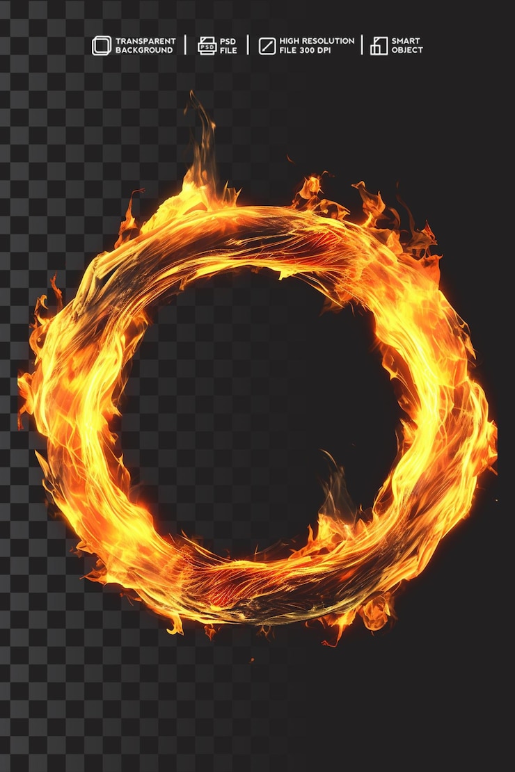 Fuego circular PSD realista y llama ardiente en fondo transparente aislado