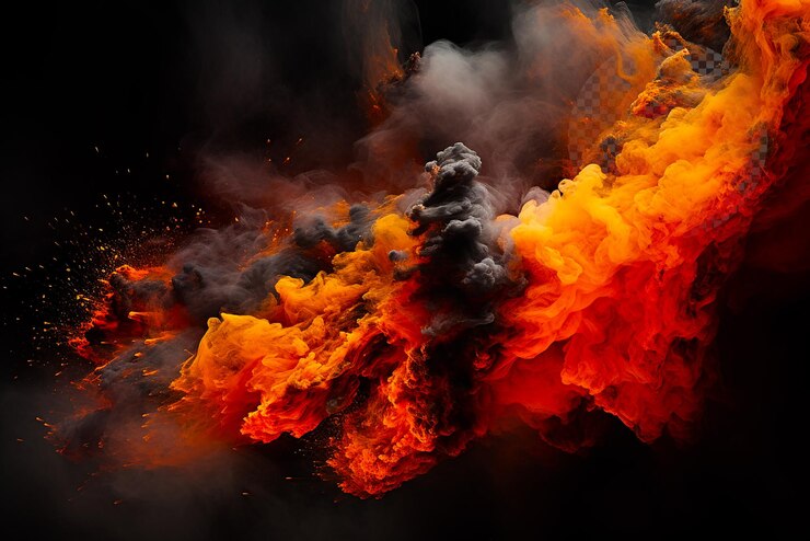 PSD un fuego con partículas de humo y polvo en un fondo transparente