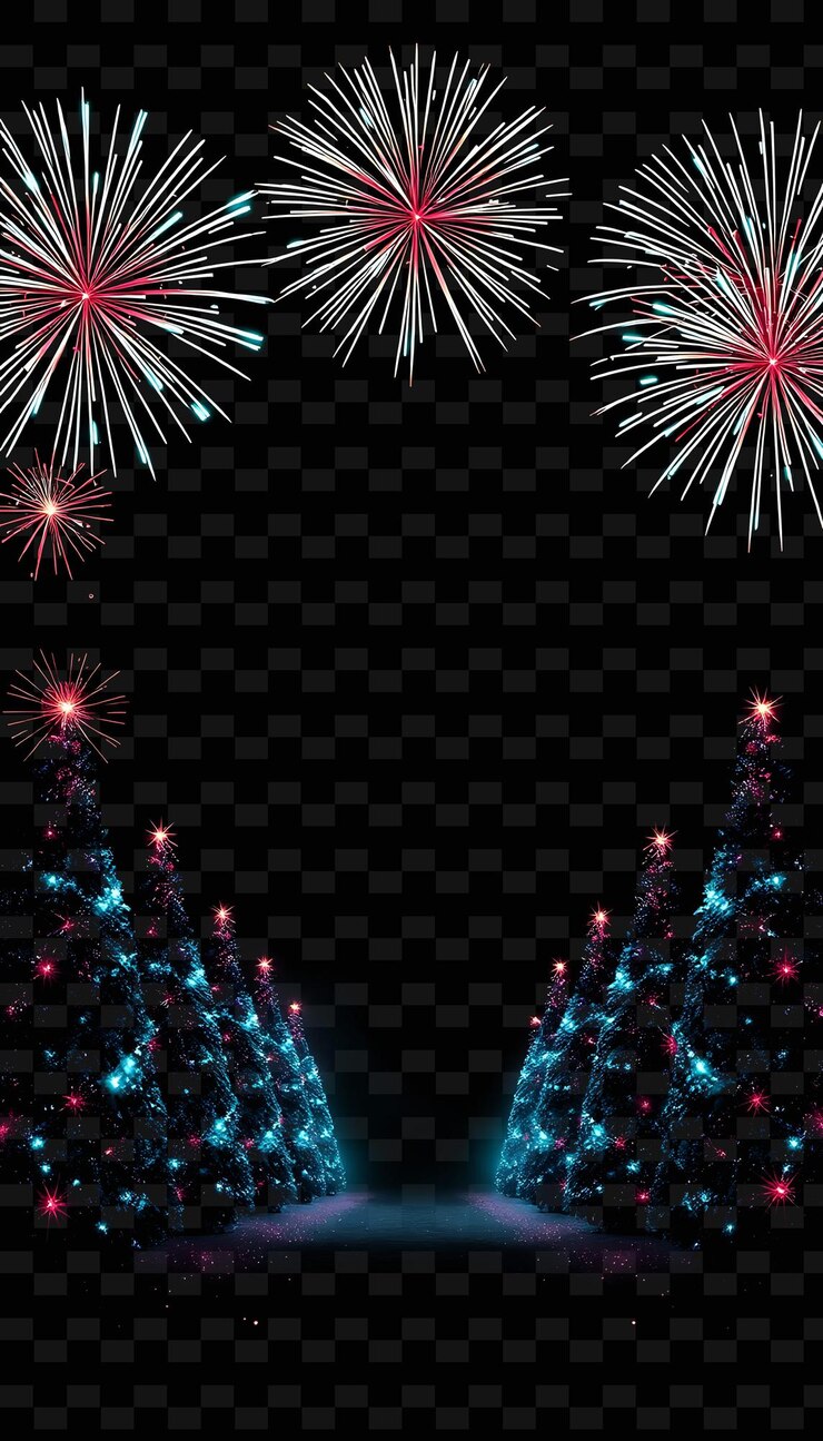 PSD los fuegos artificiales brillan iluminando los alrededores los árboles de navidad de neón se erigen altos a lo largo del