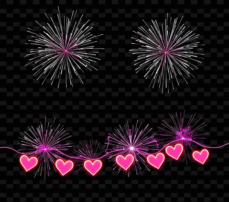 PSD fuegos artificiales con chispas de combustión lenta corazones de neón pulsando a lo largo del marco brillando suavemente