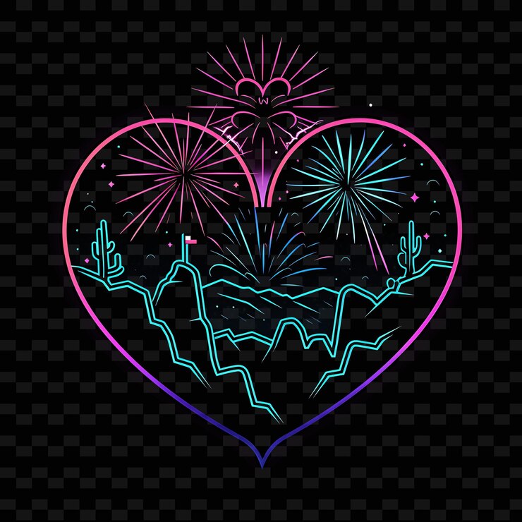 PSD fuegos artificiales en el corazón de un corazón con un corazón con una montaña y estrellas en el fondo