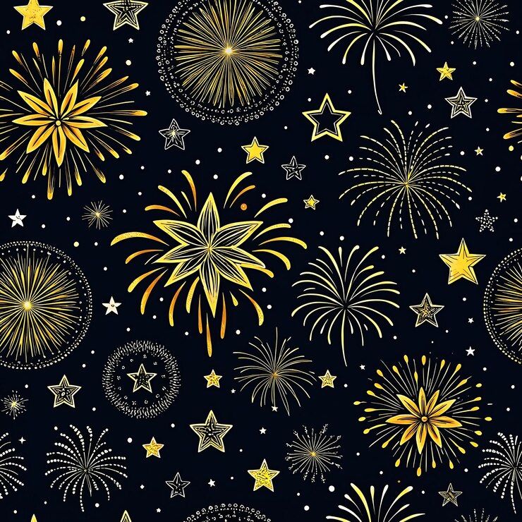 PSD fuegos artificiales dorados sin costuras y patrón de estrellas para eventos