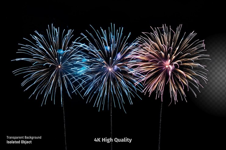 PSD los fuegos artificiales explotan en el cielo festivo sobre un fondo negro
