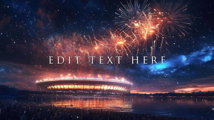 PSD los fuegos artificiales explotan sobre un estadio por la noche reflejándose en el agua con una multitud de espectadores