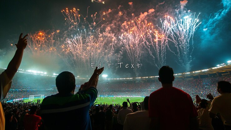 PSD los fuegos artificiales explotan sobre una multitud jubilosa del estadio que celebra una victoria 1