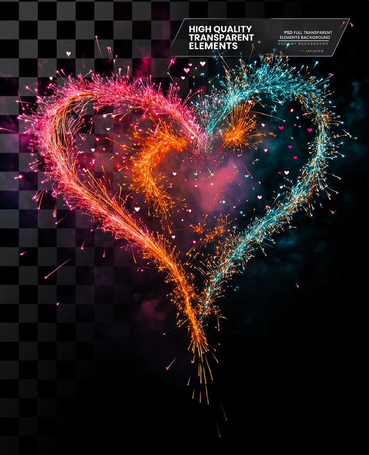 PSD fuegos artificiales en forma de corazón en rosa y azulado sobre un fondo transparente
