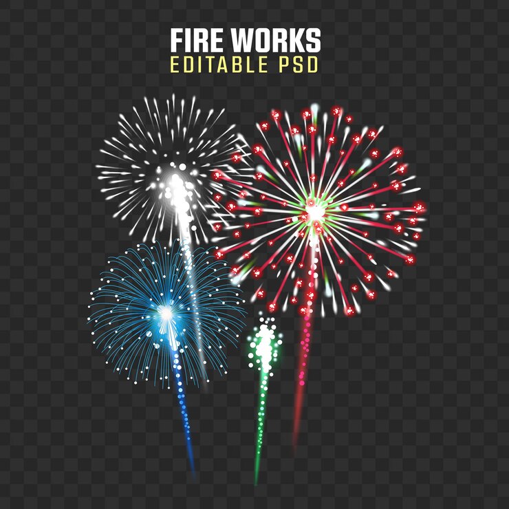 Fuegos artificiales PSD con explosiones coloridas perfectas para celebraciones