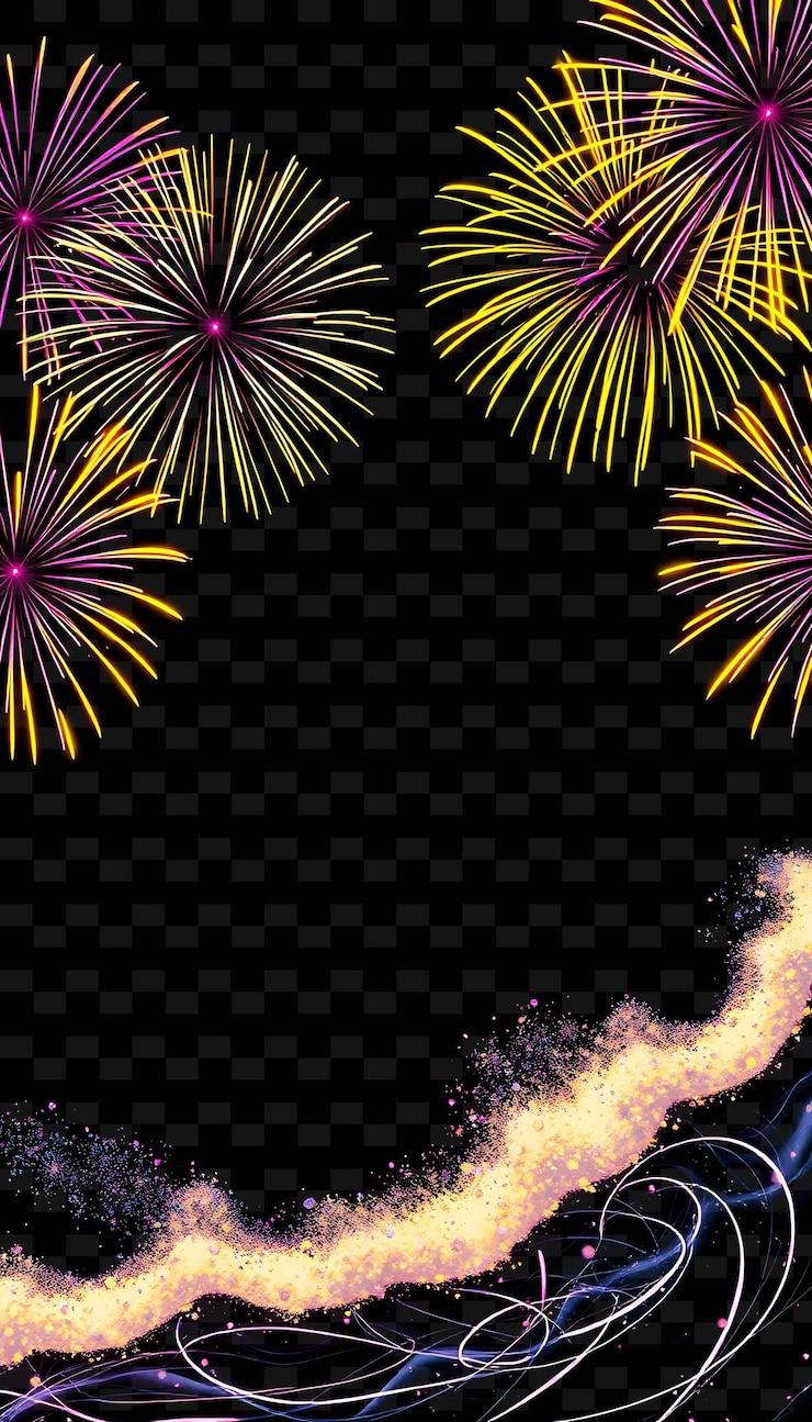 PSD fuegos artificiales con ráfagas pulsantes lentas olas de neón de verano se estrellan a lo largo del marco radiando wa