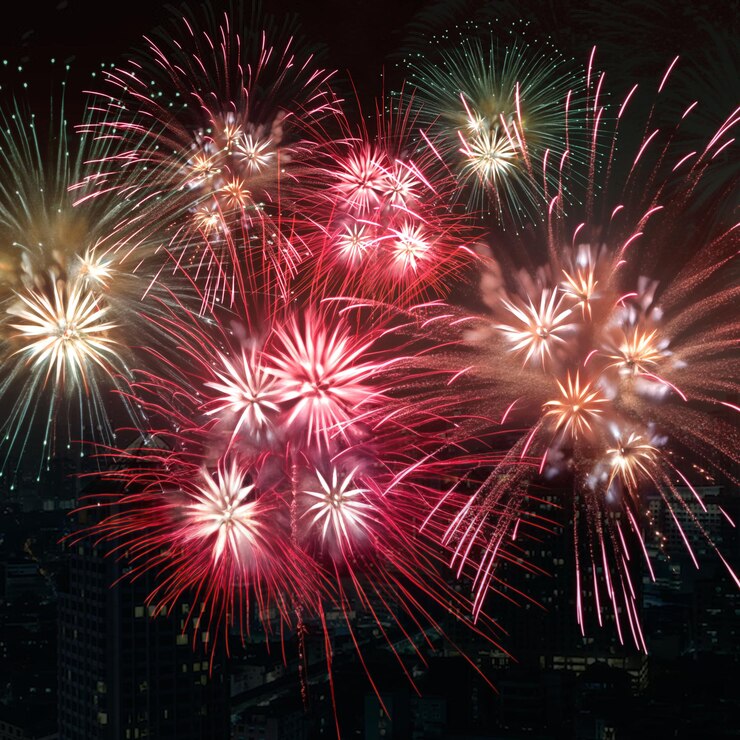 PSD los fuegos artificiales se ven en el cielo nocturno con una ciudad en el fondo