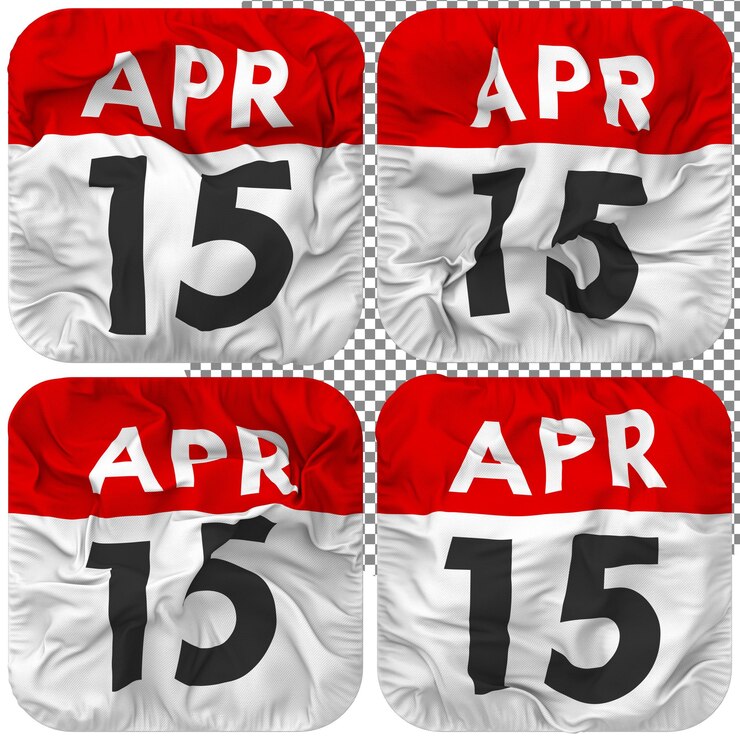 PSD fünfzehnter 15. april datumskalendersymbol isoliert vier winkende bump-textur 3d-rendering