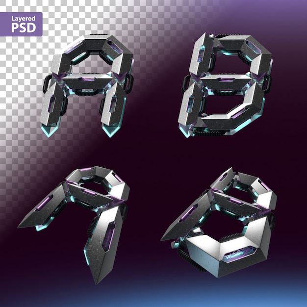 Fuente 3D en estilo cyberpunk. Letras A, B.