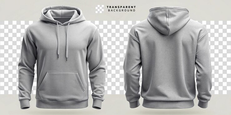Una fuente y vista de una sudadera gris con capucha en un fondo transparente