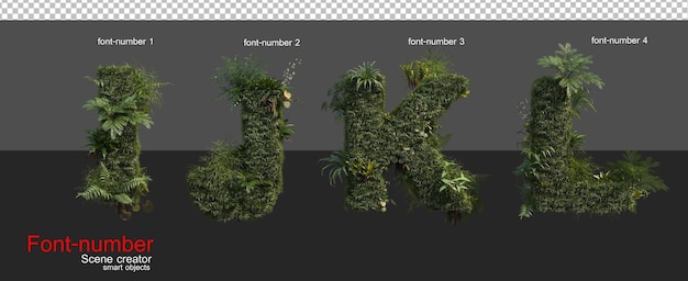 PSD fuentes y números decorados con plantas tropicales.