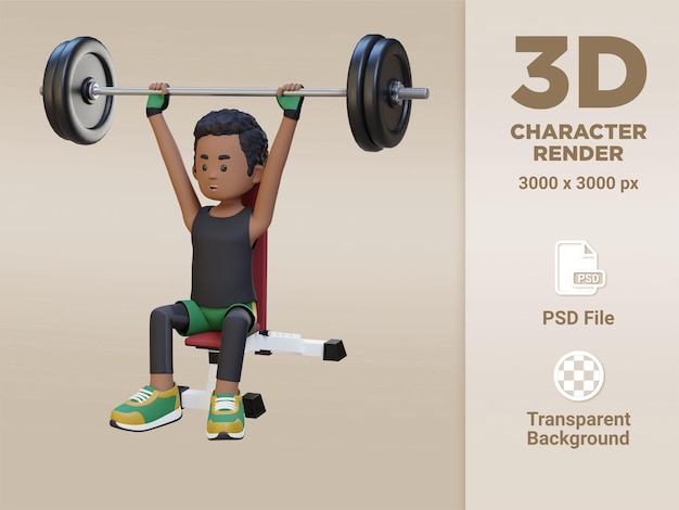 Fuerza de la parte superior del cuerpo del edificio del carácter del deportista 3D con entrenamiento de press de banca por encima de la cabeza