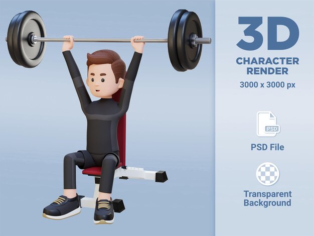 Fuerza de la parte superior del cuerpo del edificio del carácter del deportista 3D con entrenamiento de press de banca por encima de la cabeza