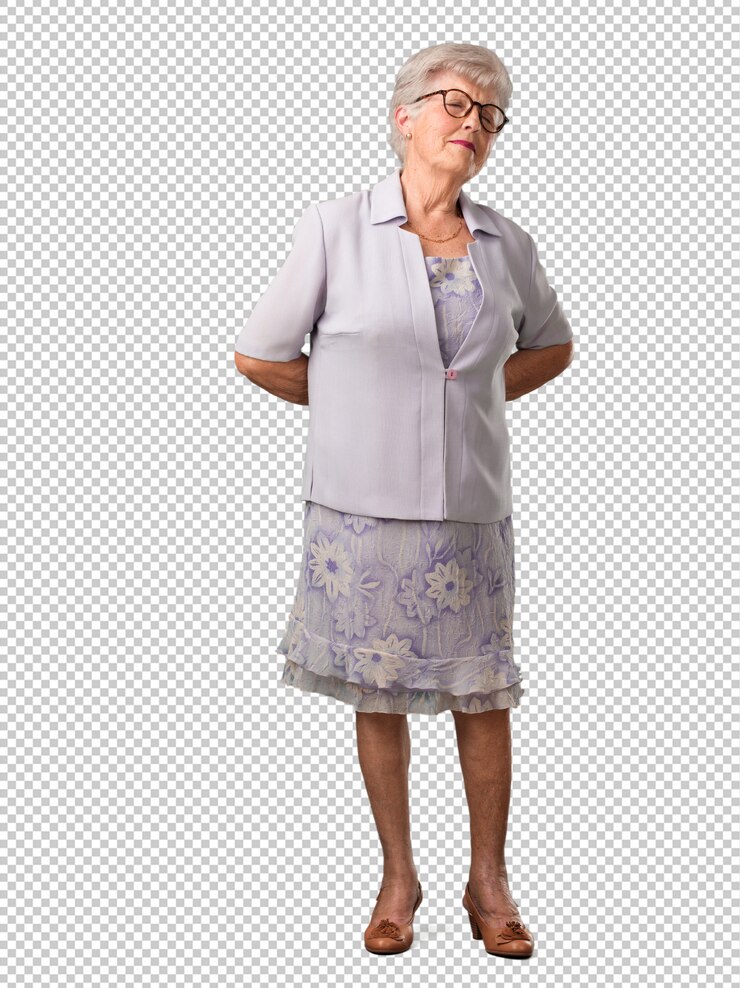 PSD full body donna senior con mal di schiena a causa di stress da lavoro, stanco e astuto