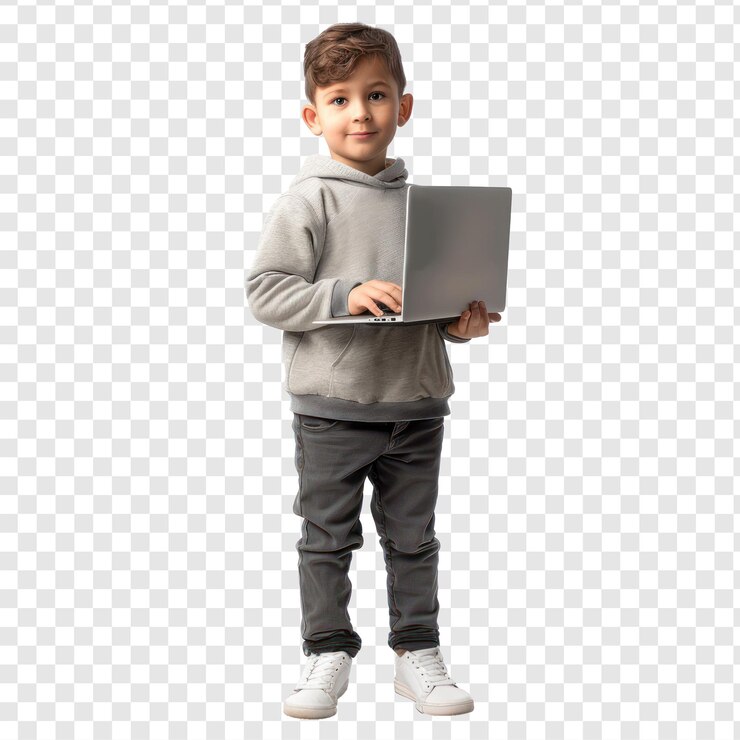 full body little boy holding laptop on transparency background PSD