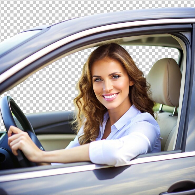 PSD full shot woman posing in car on white background