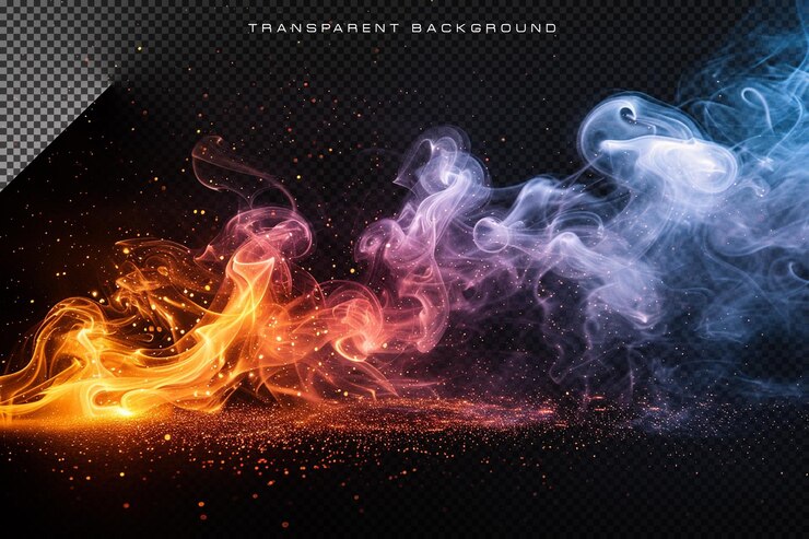 Fume avec des particules brillantes sur un fond transparent