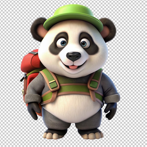 Fun 3d panda mochilero personaje de dibujos animados en fondo transparente
