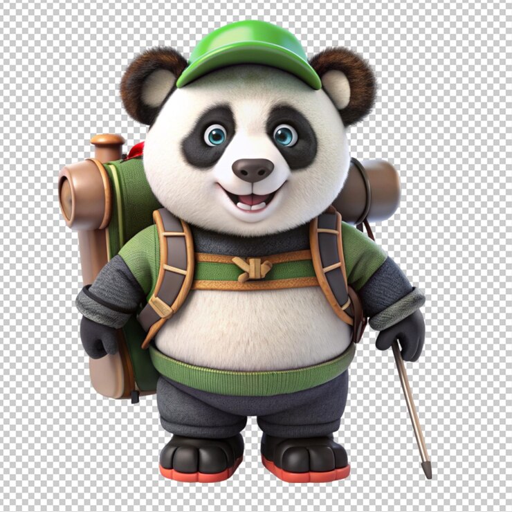 PSD fun 3d panda mochilero personaje de dibujos animados en fondo transparente