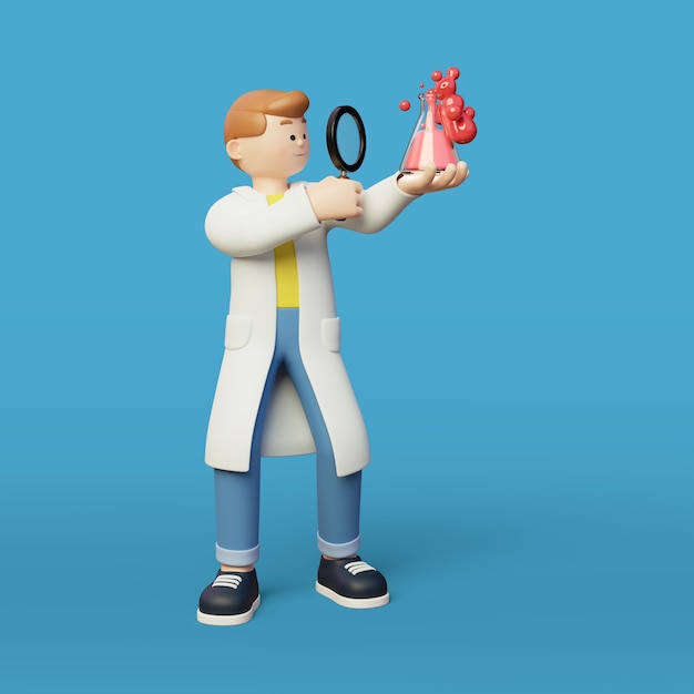 Fundo 3d de poses de cientista masculino em jaleco