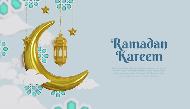 Fundo 3d ramadan kareem com lâmpada dourada e lua