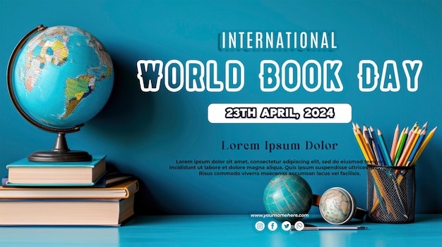 PSD fundo abstrato azul com uma pilha de livros com o conceito do dia mundial do livro