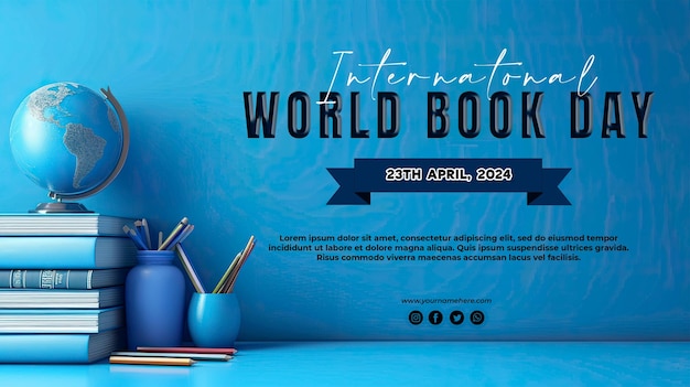 Fundo abstrato azul com uma pilha de livros com o conceito do dia mundial do livro