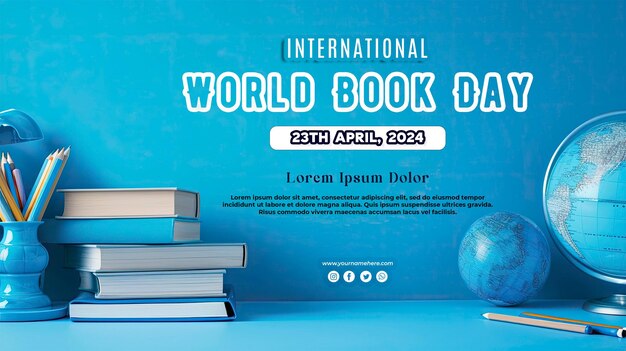 PSD fundo abstrato azul com uma pilha de livros com o conceito do dia mundial do livro