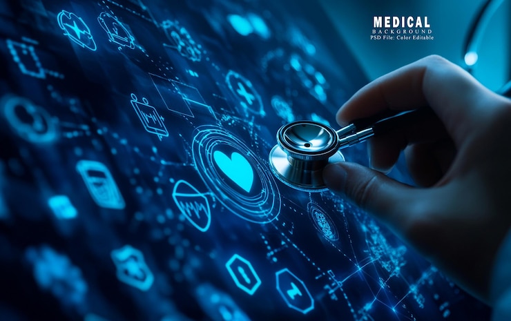 PSD fundo abstrato com um estetoscópio e elementos de tecnologia médica em cor azul