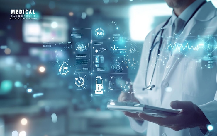 PSD fundo abstrato com um estetoscópio e elementos de tecnologia médica em cor azul
