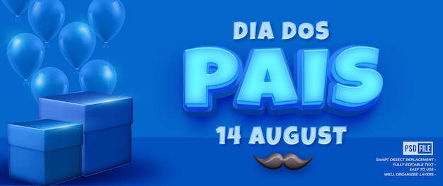 PSD fundo azul realista dia dos pais com estilo 3d editável de efeito de texto brilhante