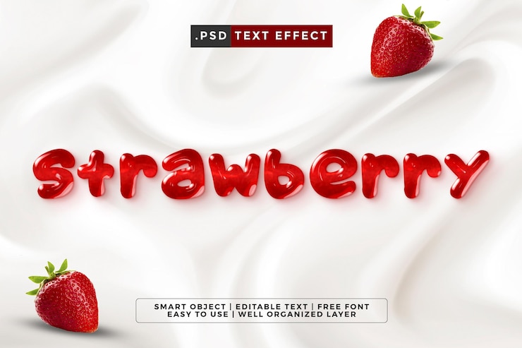 PSD fundo branco de estilo de tendência de texto 3d de morango moderno.