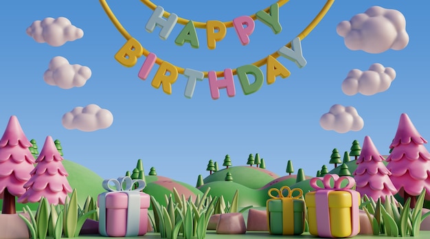 fundo de aniversário 3D com elementos de conto de fadas