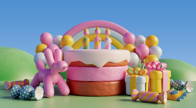 fundo de aniversário 3D com elementos de conto de fadas