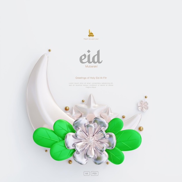 Fundo de cartão de saudação eid mubarak com decoração de flores 3d fofas e ornamentos islâmicos