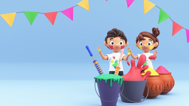 PSD fundo de celebração de holi com crianças de desenho animado brincando de balde e panelas de barro cheias de cores